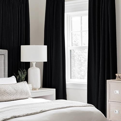 Image of MIULEE Linen Texture Curtains for Bedroom Solid 100% Blackout Thermal Insulated Halloween Black Curtains Grommet Room Darkening Drapes for Living Room 52x45 Inch (2 Panels)