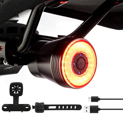 Smart Rear Bike Tail Light, Auto on/off Brake Sensing Bicycle Lights, 5 Lighting Modes, USB Rechargeable Bikes Tailights, IPX65 Waterproof Aluminum Rears Lights for Bikes, 2 Easy Installation Modes