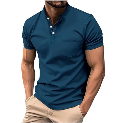 Camisetas Henley de verano de manga corta para hombre, camisas de vestir musculares, ajustadas, elásticas, cuello redondo, camisas de verano con botones, camisas básicas para la playa, 2 azul., XXL