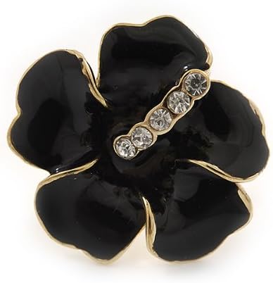 20mm D/Black Enamel Clear Daisy Stud Earrings/Gold Tone