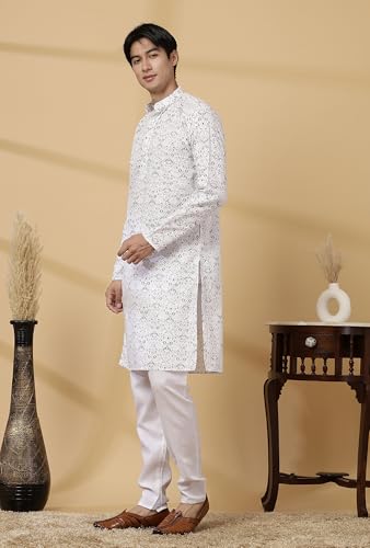 Image of Majestic Man Men's Cotton Regular Fit Casual Mandarin Collar Ethnic Motifs Printed Long Regular Kurta