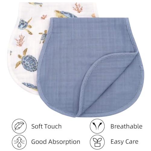 Image of LifeTree Muslin Baby Burp Cloths - 2 Pack 70% Viscose from Bamboo and 30% Cotton Large 22'' by 10.6'' Absorbent Milk Spit Up Rags - Burping Cloths for Newborn, Girls Boys, Sea Turtle & Solid Blue