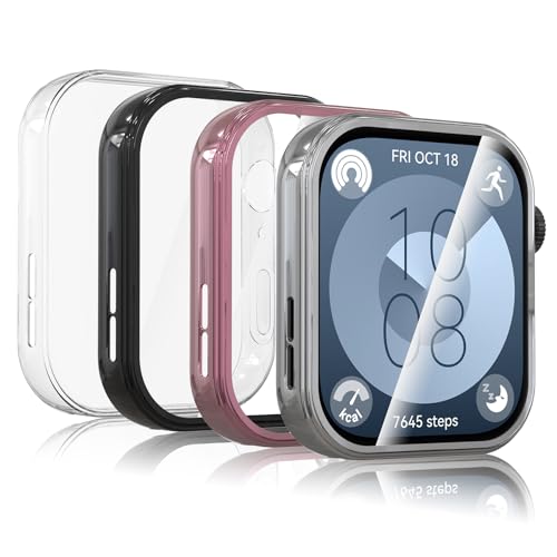 WD&CD Etui kompatybilne z Huawei Watch Fit 3 [2 sztuki], etui ochronne z TPU z folią ochronną na wyświetlacz, kompatybilne z Huawei Watch Fit 3, przezroczyste, czarne, srebrne i różowe