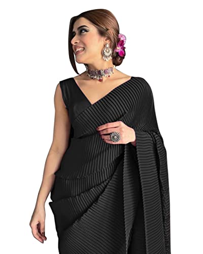 Image of StyleScope Women's Full Crushed Pleated Satin Saree With Unstitched Blouse Piece (Pleatedd)
