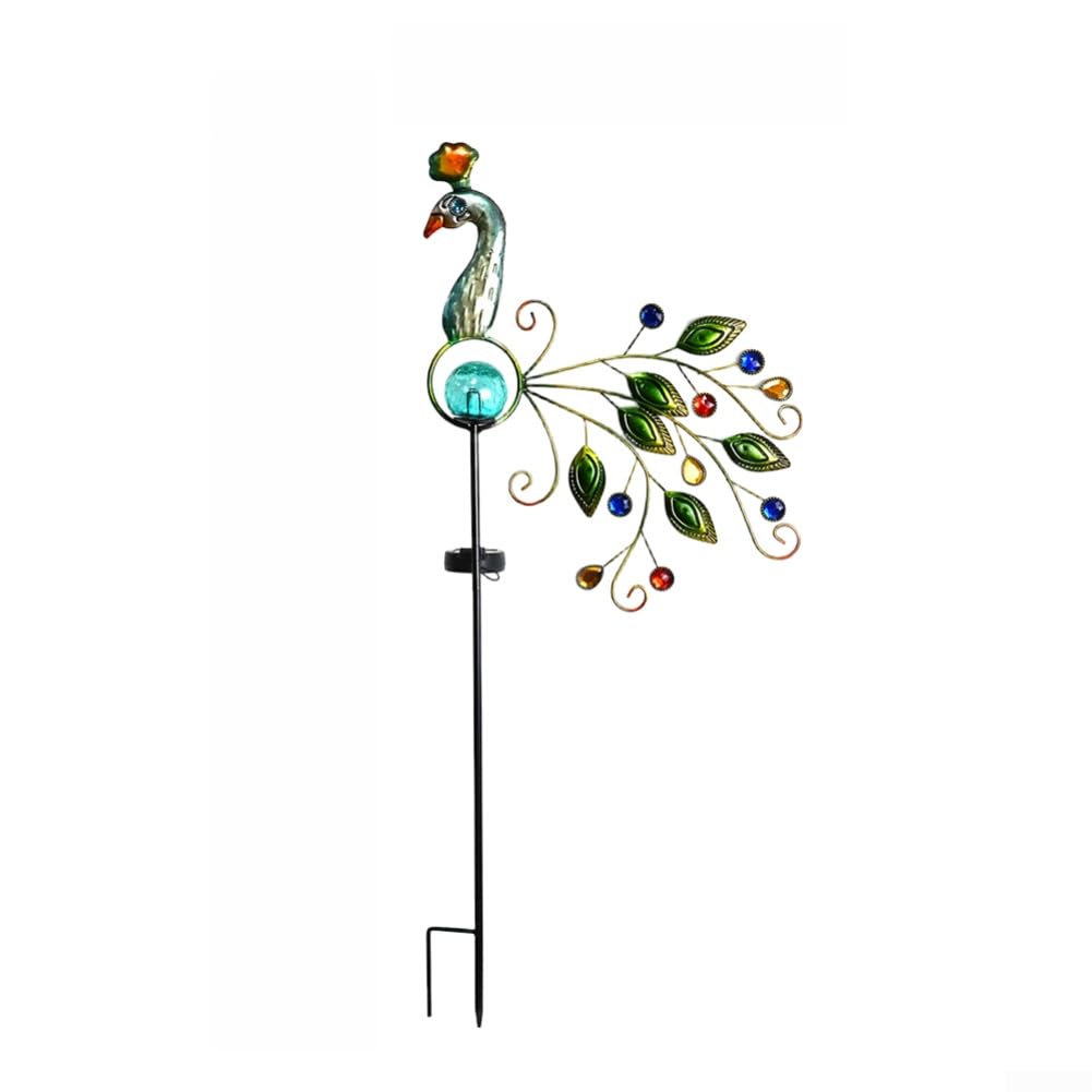 Lampe solaire paon de qualité en fer forgé et boule de verre bleu sculptée