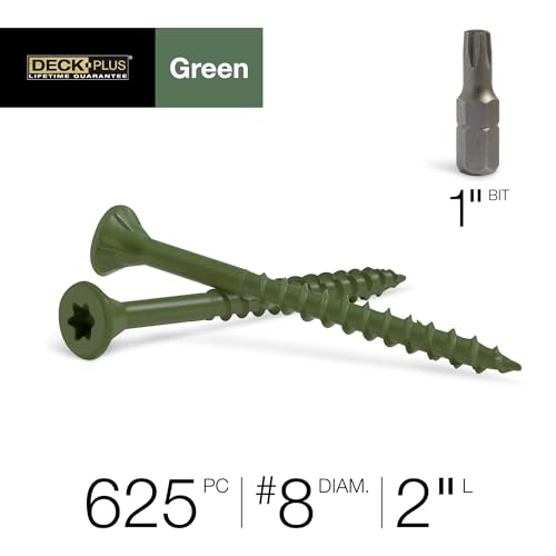 Image of Deck Plus 48400 Exterior Wood Screws, #8 x 2, 4-Layer Epoxy Coated, Torx /Star Drive Included, Coarse Thread, Decking Screws, Outdoor Rust Resistant, Green, 625pcs