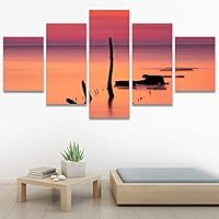 SIGNWIN 5 Panel Canvas Wall Art Coastal Orange Photography Relax/Calm Romantics Sunset Warm for Home Decorations Ready to Hang - 60