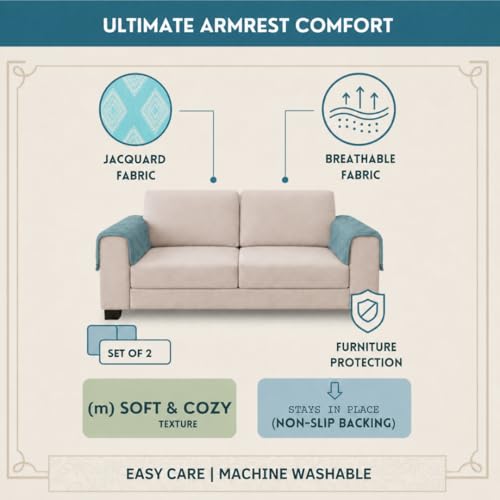 Image of STITCHNEST 'Verdant Phool Stories' Sofa Armrest Cover | Elegant Jacquard Fabric, Washable & Durable for Modern Living (18 x 22 Inches)