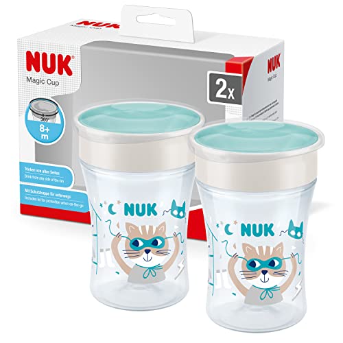 NUK Magic Cup vaso antiderrame bebe | Borde a prueba de derrames de 360° | +8 meses | Sin BPA | 230 ml | Gato (Turquesa) | 2 unidades