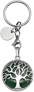 JOVIVI Silver Tree of Life Green Aventurine Crystal Healing Reiki Chakra Natural Gemstone Pendant Keyring Keychain Handmade DIY ID Tag Key Ring