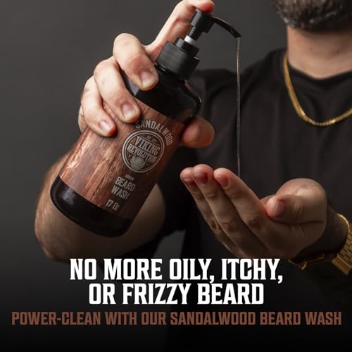 Viking Revolution Beard Wash & Beard Conditioner Set with Argan & Jojoba Oils - Softens and Strengthens - Natural Sandalwood Scent - Beard Shampoo with Beard Oil (17 oz)
