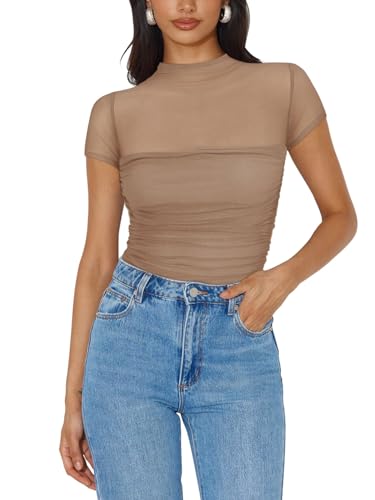 Image of REORIA Women's Sexy Mock Turtle Neck Short Sleeve Shirts Sheer Mesh Ruched Trendy Going Out Bodysuits Tops