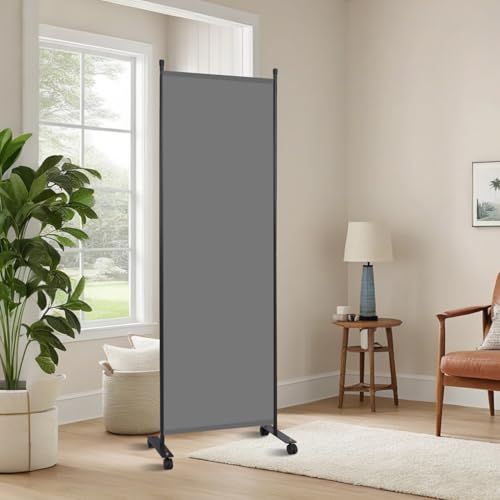 Room Divider 6FT Room Partition with Lockable Wheels, (Thicked Metal Base) Room Dividers, Freestanding Indoor Folding Privacy Screens, Portable Fabric Wall Divider for (Grey, 21.5'- 1 Panel)
