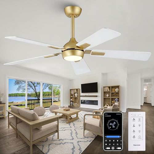 Vaczon 52 White Gold Ceiling Fan with Light and Remote DC Motor Ceiling Fan with LED Light 6-Speed Reversible Dimmable 3CCT Modern Ceiling Fan for Bedroom Living Room