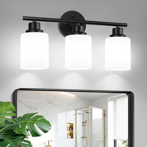 Image of Unicozin 3 Light Bathroom Light Fixtures, Modern Vanity Lights with Milky Glass Shade, Black Wall Lamp Over Mirror for Bathroom, Living Room, Cabinet, Bedroom, E26 Base