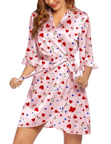 Image of Ekouaer Women's Satin Robe Valentines Lingerie for Women Kimono Bathrobe Short Ruffle Belted Robes Bridesmaids Sleepwear