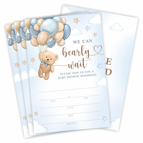 WeMaison Baby Shower Invitations, Bear & Balloons, We Can Bearly Wait! 25 Double-Sided Fill In Invite Cards & 25 Envelopes, Gender Reveal, Baby Announcement Party Decorations And Supplies - B12