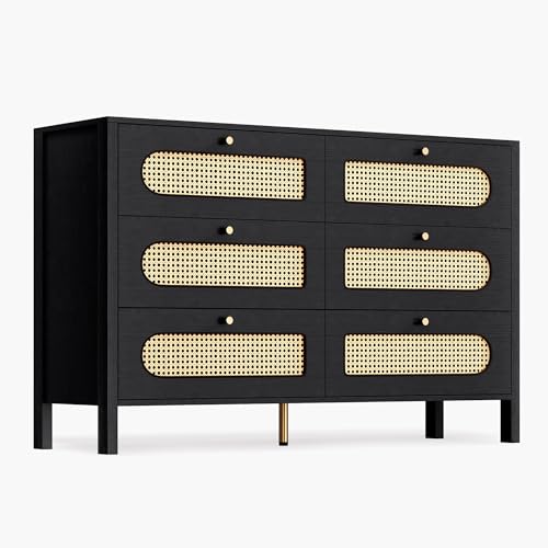 DWVO Buffet Cabinet Rattan - with 6 Wood Storage Drawer TV Stand Coffee Bar with Golden Handles for Living Room/Dining Room/Entryway-Black