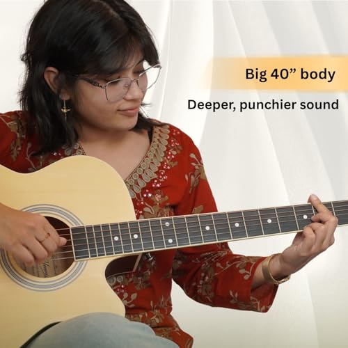 Image of Henrix 40CE 40 Inch Cutaway Linden Wood Electro-Acoustic Guitar With Dual Action Truss Rod, Gigbag, Picks, String Set, String Winder, Strap, Polishing Cloth & Ebook - Natural