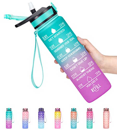 Fidus 32oz Motivational Water Bottles with Times to Drink & Straw,Leakproof BPA Free Bottle with Time Marker to Ensure You Drink Enough Water Daily for Fitness, Gym and Outdoor Sports