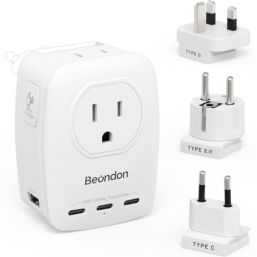 BEONDON European Travel Adapter Kit with Detachable Plugs (C/E/F/G) for UK, France, Germany, Italy, Spain & More - 2 US Outlets & 5 USB Ports (3 USB C) - Multi-Device Charger