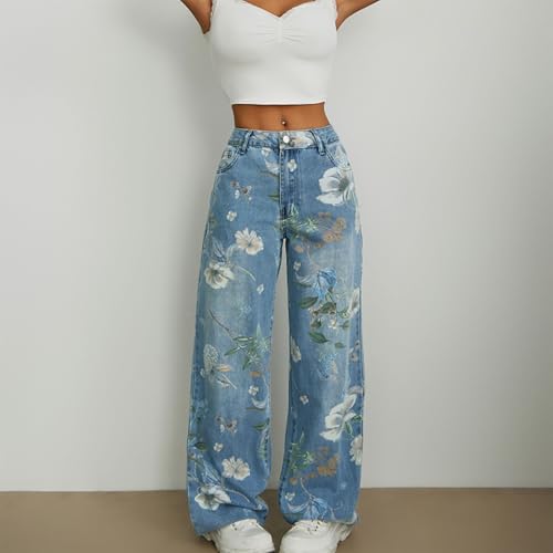 Womens Baggy Jeans Y2k Trendy Floral Print Washed Wide Leg Boyfriend Jean Casual Straight Leg Denim Pants4