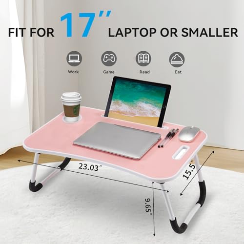 Image of BUYIFY Folding Lap Desk, 23 Inch Portable Wood Blue Laptop Bed Desk Lap Desk with Cup Holder, for Working Reading Writing, Eating, Watching Movies for Bed Sofa Couch Floor-Pink 02