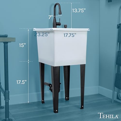 Image of White Space Saver Utility Sink by JS Jackson Supplies, Freestanding Tehila Space Saving Laundry Tub, Black Pull-Down Faucet, Soap Dispenser