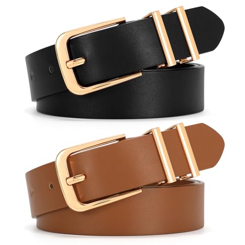 SANSTHS 2 Pack Women Belt for Jeans Pants, Simple Fashion Ladies Waist Belt with Gold Buckle, 1inch Width