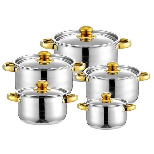 Stainless Steel Pots Set - 10 Pieces Kitchen Cookware Pan Set 5 Saucepans with 5 Lids Dual Handle Fast Heating Soup Pot for Cooking Boiling Stewing All Hobs Suitable (Golden)