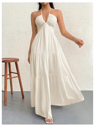 Image of SHENHE Women's Deep V Neck Tie Knot Backless Halter Dress A Line Flowy Ruffle Maxi Dress