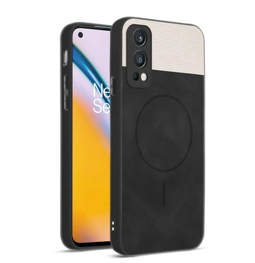 Image of Bintage CASE Mac Safe Design Hard Light Weight Back Case | Soft Border Camera Protect | Dual PU Leather Finish Back Cover Compatible for OnePlus Nord 2 5G - White & Black
