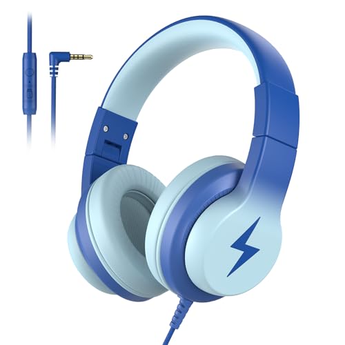 Candy Bila Kids Wired Headphones for Kids with Microphone, 85/94dB Volume Limiter Headphones for Girls Boys, Light Blue