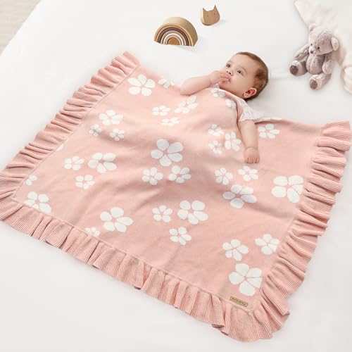 Image of Cotton Knit Baby Blanket with Ruffle Edge - Soft Baby Girl Blanket, Receiving Blanket for Newborn, Stroller & Crib Blanket, Newborn Shower Gift (Pink)