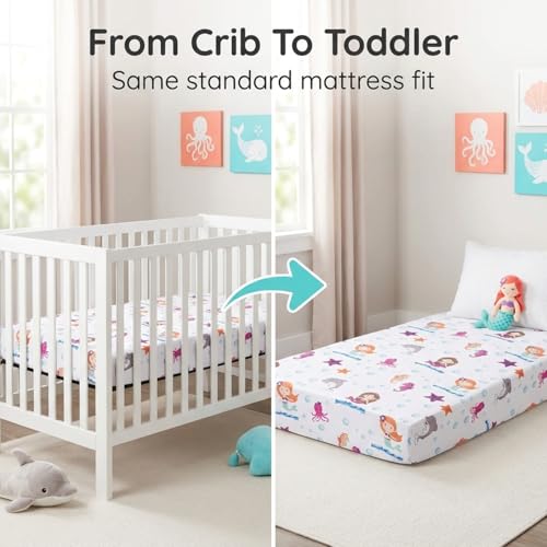 Image of Everyday Kids 2 Pack Fitted Girls Crib Sheet, 100% Soft Breathable Microfiber Baby Sheet, Fits Standard Size Crib Mattress 28in x 52in, Nursery Sheet - Mermaid /Aqua