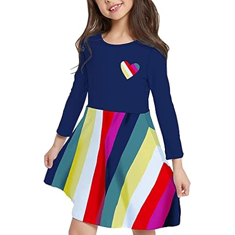 V.&GRIN Girls' Dress 3T, Toddler Rainbow Long Sleeve Twirly Casual Kids Dress Vestidos para Niñas Cover