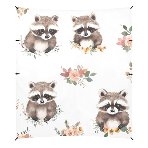Cartoon Raccoon White Beach Tent UPF50 Easy Setup Sun Shelter with Sandbags & Sand Shovel for Camping, Picnics, Backyard