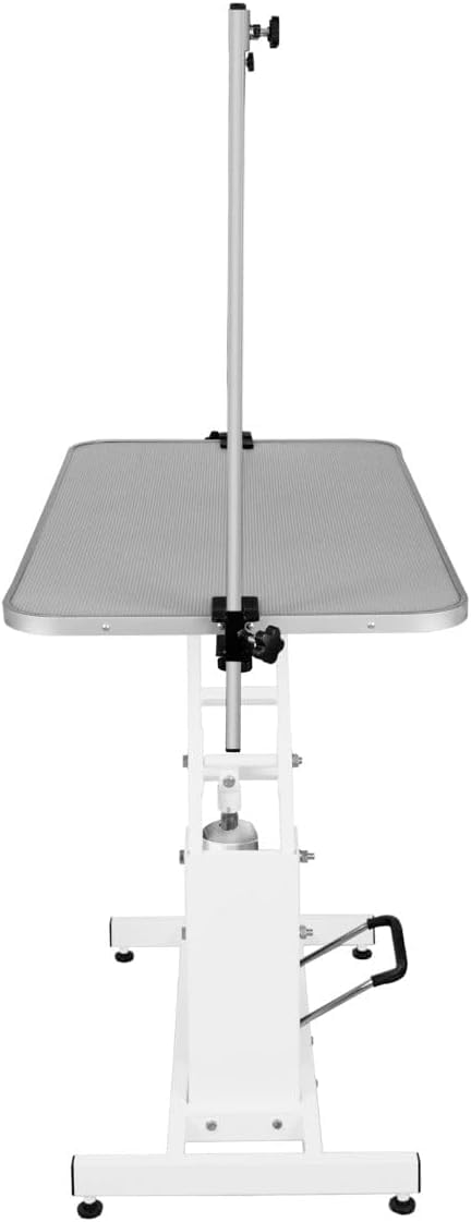 Tavolo Idraulico Toelettatura Cani - Altezza 55-101 cm, Capacità 180 kg, Bianco - Piano Grigio, Antiscivolo 106x61 cm, Acciaio Bianco, Piedini Livellanti, 3 Guinzagli