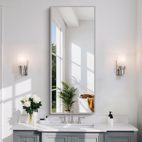 Image of COFENY Silver Bathroom Mirror for Wall, 20x48 Inch Rectangle Mirror with Metal Frame, Modern Vanity Mirrors for Bathroom Living Room, Entryway Hangs Horizontal or Vertical