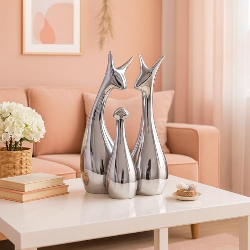 Image of Xtore Home Decor Lucky Silver Deer Statue Family Piano Finish Ceramic Figures - (Set of 3, Silver Set)