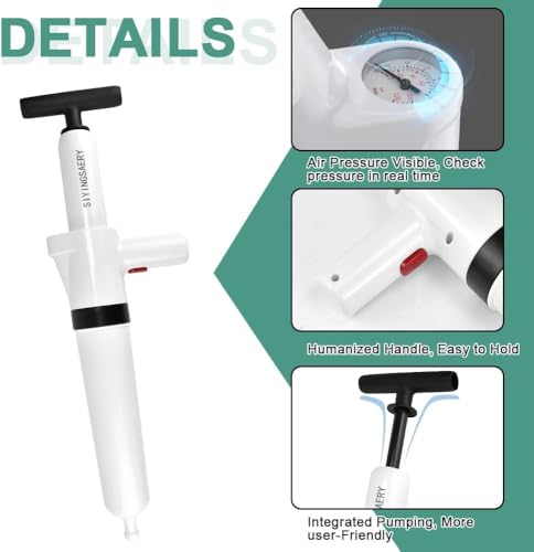Image of Toilet Plunger, High Pressure Air Drain Blaster Gun Powerful Air Drain Blaster with Visual Barometer, 5 Heads for Bathroom Kitchen Floor Drain Sink Clogged Pipe