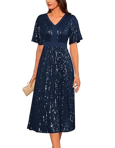 GRACE KARIN Women's Sequins Midi Dresses,V Neck Party Dresses, Empire Waist Mother of The Bride Dress Navy S