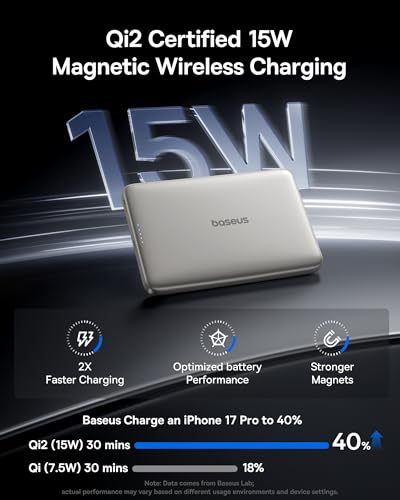 Image of Baseus Picogo Magsafe Portable Charger, Qi2 15W 0.5 inch Ultra Slim 10000mAh Wireless Power Bank, 27W Fast Charging Magnetic Battery Pack with USB-C for iPhone 17 Pro Max /17 Pro /Air /16 /15 /14 /13 /12