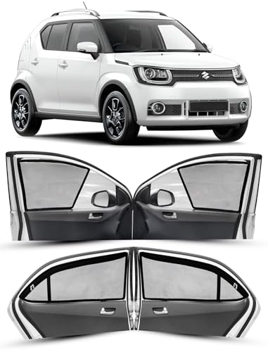 Image of Autofact Magnetic Car Sunshades Compatible with Maruti Ignis (Set of 4) - Easy Installation, UV Protection, Keeps Car Cool (Front 2 Half-Cut for Side Mirror Visibility, Rear 2 with Zippers)