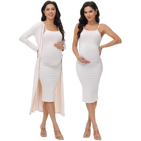 JustVH Women's Maternity 2 Piece Outfits Dress Cardigan Rib Long Sleeve Casual Pregnancy Photography Dress Set for Photoshoot Baby Shower Beige Cover