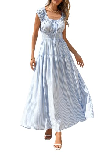 PRETTYGARDEN Boho Maxi Dresses for Women 2026 Summer Floral Wedding Guest Dress Resort Wear Spring Long Flowy Beach Sundress (Blue Striped,Large)