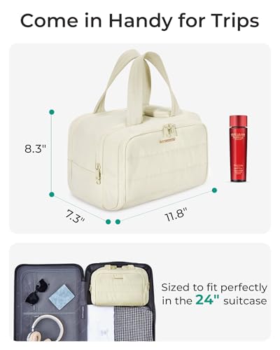 Image of BAGSMART Travel Toiletry Bag, Puffy Toiletry Bag for Women, Wide-Open Toiletry Bags for Traveling, Large Travel Cosmetic Makeup Bag Organizer for Accessories,Toiletrie, Beige, Puffy