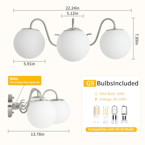 Image of Vintage Brushed Nickel Bathroom Vanity Light Fixtures Over Mirror 3 Lights