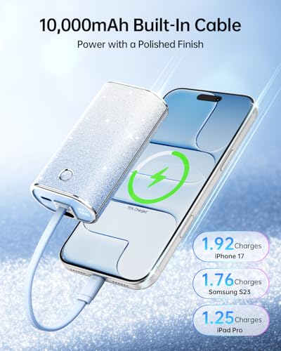 Image of iWALK Sparkly 10000mAh Portable Charger, 22.5W Fast Charging Small Power Bank with Built-in USB-C Cable, Diamond Glitter Ultra-Compact Battery for iPhone 17 /17 Pro /16 /16 Pro /15, Samsung,ShinyBlue