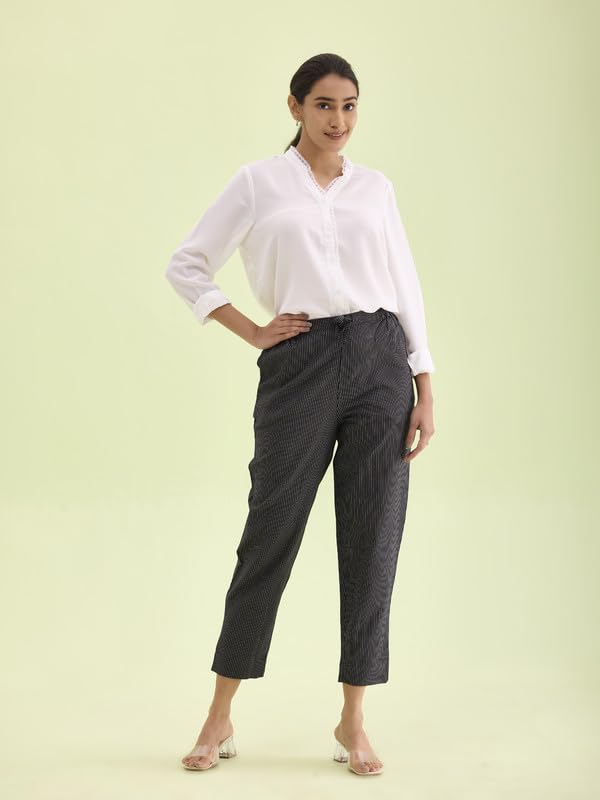 Image of GO COLORS Stripes Printed Pencil Pant for Women | Breathable, Side Pocket